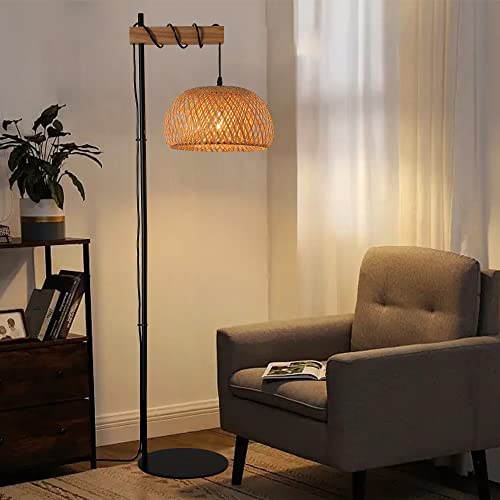 SUNLLOK Boho Rattan Floor Lamp with Foot Switch, Industrial Bamboo Semicircle Lampshade Standing Lamp, Modern Black Woven Tall Floor Light for Living Room, Kitchen Island, Bedroom, Office Restaurant