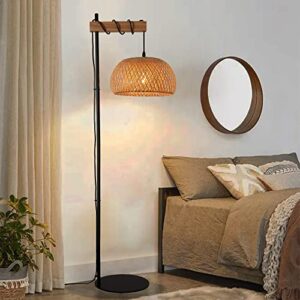 sunllok boho rattan floor lamp with foot switch, industrial bamboo semicircle lampshade standing lamp, modern black woven tall floor light for living room, kitchen island, bedroom, office restaurant