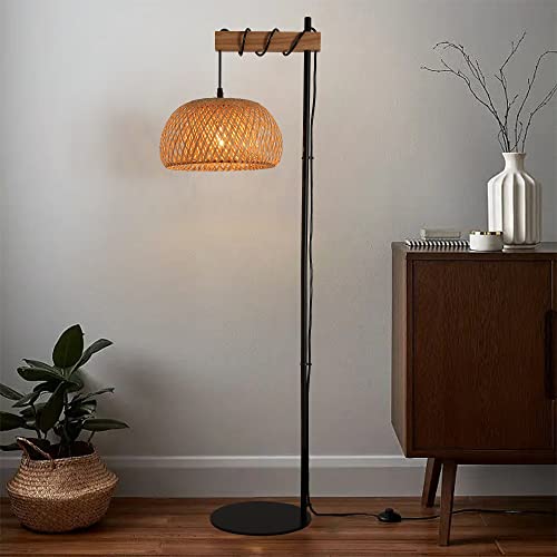 SUNLLOK Boho Rattan Floor Lamp with Foot Switch, Industrial Bamboo Semicircle Lampshade Standing Lamp, Modern Black Woven Tall Floor Light for Living Room, Kitchen Island, Bedroom, Office Restaurant