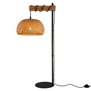 SUNLLOK Boho Rattan Floor Lamp with Foot Switch, Industrial Bamboo Semicircle Lampshade Standing Lamp, Modern Black Woven Tall Floor Light for Living Room, Kitchen Island, Bedroom, Office Restaurant