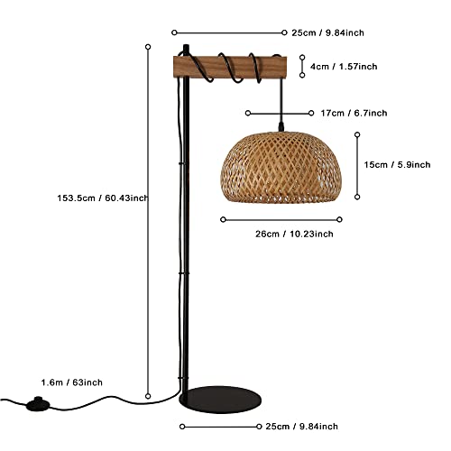 SUNLLOK Boho Rattan Floor Lamp with Foot Switch, Industrial Bamboo Semicircle Lampshade Standing Lamp, Modern Black Woven Tall Floor Light for Living Room, Kitchen Island, Bedroom, Office Restaurant