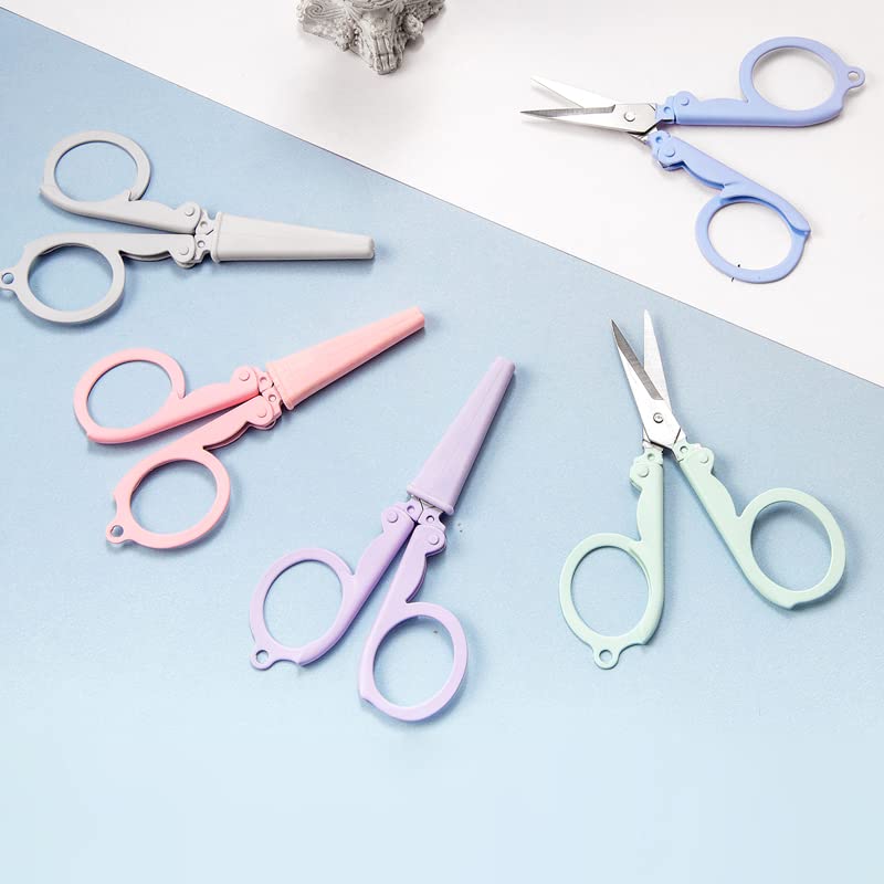 5Pcs Pastel Mini Folding Scissors with Safety Cap Small Telescopic Stainless Steel Scissors Portable Pokect Little Travel Scissors Kids Shears Tiny Cutter for Cutting, Scrapbooking, Crafting, Sewing