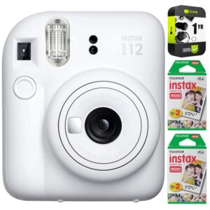 fujifilm 16806274 instax mini 12 instant camera, clay white bundle with instax mini twin pack picture format instant daylight film (40 shots) + 1 year enhanced cps protection pack