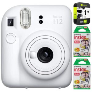 Fujifilm 16806274 Instax Mini 12 Instant Camera, Clay White Bundle with Instax Mini Twin Pack Picture Format Instant Daylight Film (40 Shots) + 1 Year Enhanced CPS Protection Pack