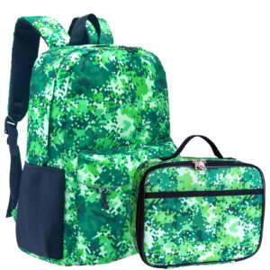 fenrici green backpack and lunch box matching set for boys and girls, school bag with laptop compartment and insulated lunch box, green pixel