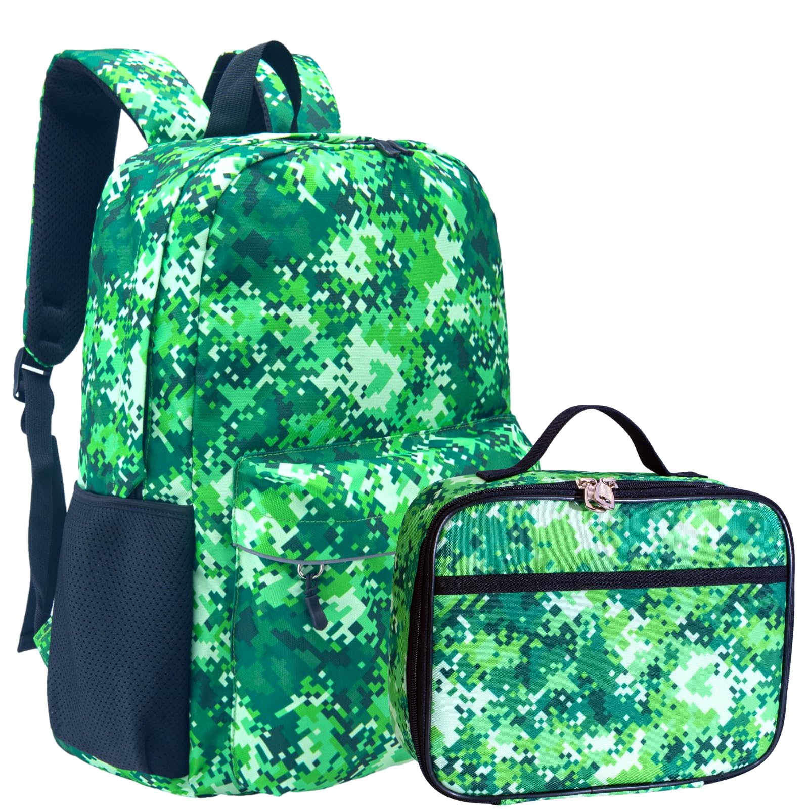 Fenrici Green Backpack and Lunch Box Matching Set for Boys and Girls, School Bag with Laptop Compartment and Insulated Lunch Box, Green Pixel