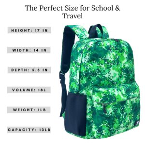 Fenrici Green Backpack and Lunch Box Matching Set for Boys and Girls, School Bag with Laptop Compartment and Insulated Lunch Box, Green Pixel