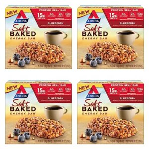 atkins soft baked energy bars, blueberry, 15g protein,2g sugar, excellent source of fiber, low carb, 4 packs (5 bars each)