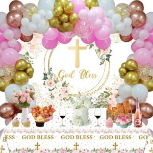 baptism decorations for girls god bless party decorations floral god bless backdrop banner,pink gold balloon garland,cross balloons bautizo first communion christening party decorations,baby shower
