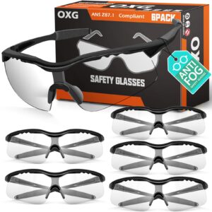 oxg 6 pack anti-fog safety glasses, ansi z87 impact & scratch resistant protective eyewear for work, lab, construction (clear)
