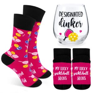 nefelibata pickleball gifts set lucky pickleball crew socks 17oz designated dinker stemless wine glass funny gifts for women coach mom birthday christmas retirement gift idea mother's day