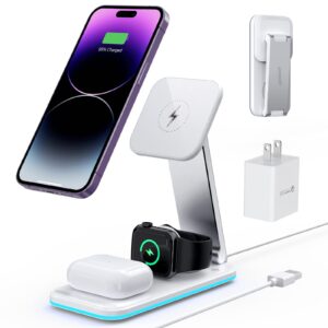 magnetic charging station,hohosb 3 in 1 foldable wireless charger stand[compatible with magsafe charger] for iphone 14/13/12 series, airpods pro/3/2,apple watch/iwatch(18w adapter included)-white