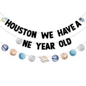 bessmoso outer space first birthday banner houston we have a one year old party decorations rocket astronaut solar system planet 1st celebration party hanging first trip around the sun supplies
