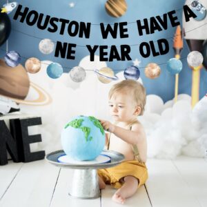 Bessmoso Outer Space First Birthday Banner Houston We Have a One Year Old Party Decorations Rocket Astronaut Solar System Planet 1st Celebration Party Hanging First Trip Around The Sun Supplies