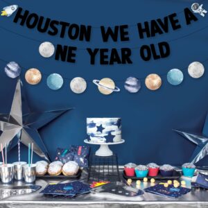 Bessmoso Outer Space First Birthday Banner Houston We Have a One Year Old Party Decorations Rocket Astronaut Solar System Planet 1st Celebration Party Hanging First Trip Around The Sun Supplies