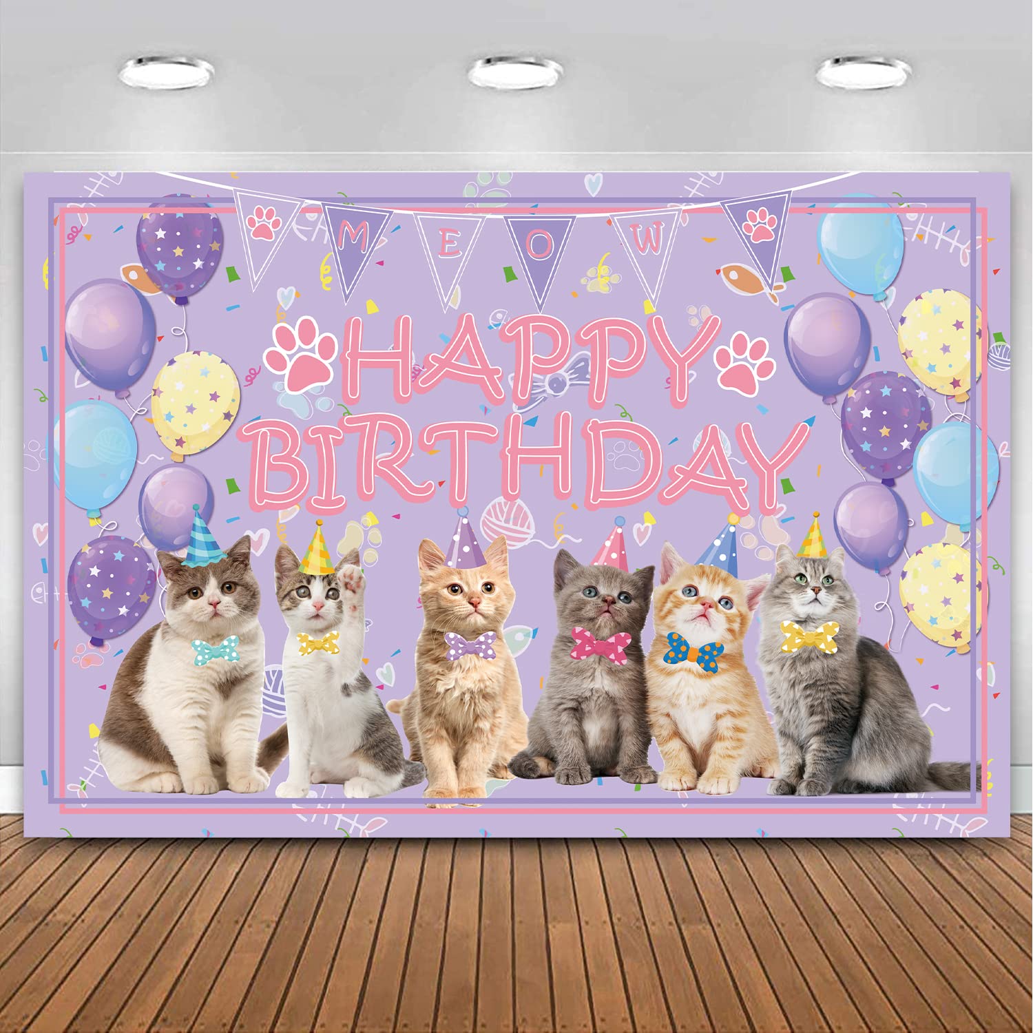 Cat Party Decoration Supplies - Cat Happy Birthday Backdrop Kitten Photography Background, for Cat Lover, Children Kids Cat Theme Birthday Decorations