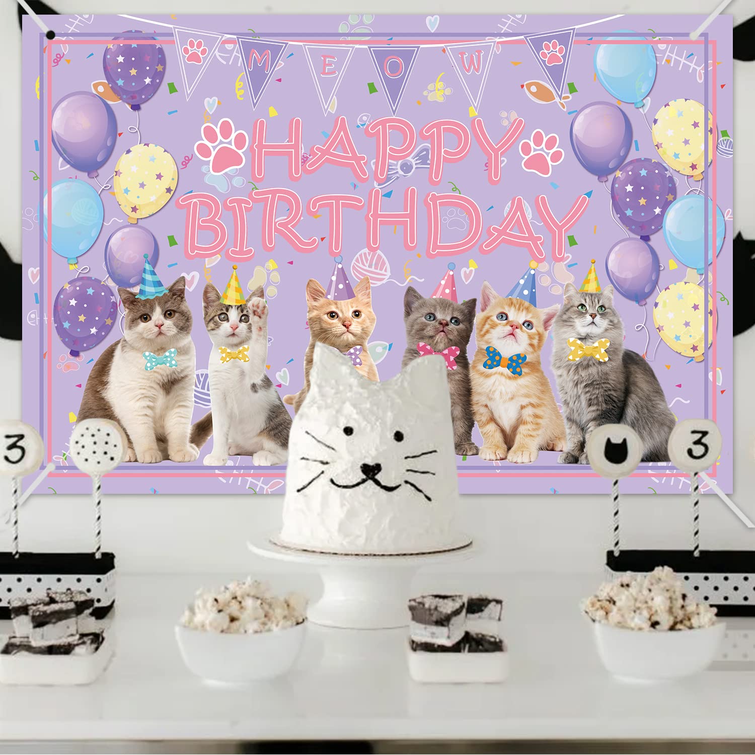 Cat Party Decoration Supplies - Cat Happy Birthday Backdrop Kitten Photography Background, for Cat Lover, Children Kids Cat Theme Birthday Decorations