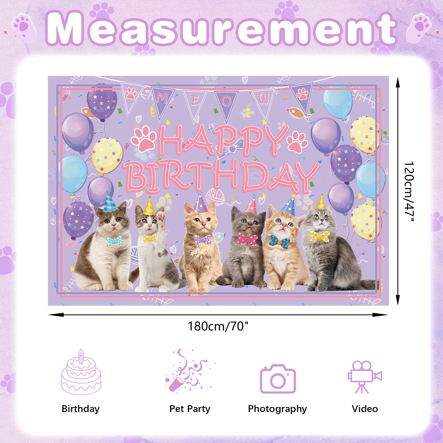 Cat Party Decoration Supplies - Cat Happy Birthday Backdrop Kitten Photography Background, for Cat Lover, Children Kids Cat Theme Birthday Decorations