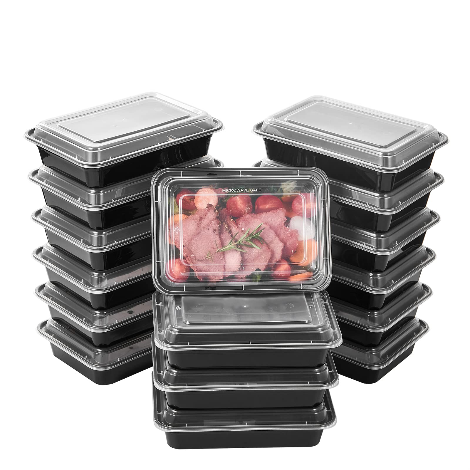 FULING 50 Pack Meal Prep Plastic Food Storage Containers With Lids 28 oz 1 Compartment Black Rectangular Reusable To Go Lunch Prepping Boxes BPA-Free Microwavable Freezer Dishwasher Safe Stackable