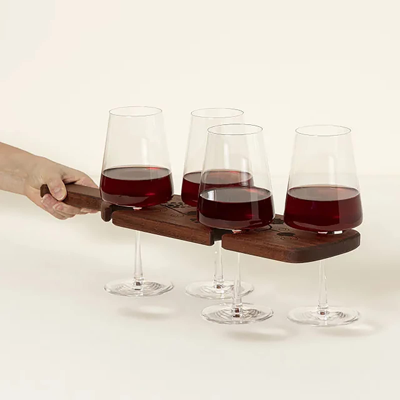 DULRLLY Wine Glass Holder Wooden Serving Tray Platter Wine Tasting Carrier Board Holds 4 Wine Glasses, Bar Serving Tray for Bar Kitchen Restaurant Khaki