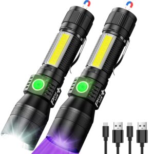 rechargeable flashlights ufx1000 [2 pack] 3-in-1 uv blacklight flashlight, cob - 7 light modes waterproof magnetic high lumens clip-on - uv light for pet urine detection, camping, emergencies