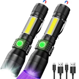 Rechargeable Flashlights UFX1000 [2 Pack] 3-in-1 UV Blacklight Flashlight, COB - 7 Light Modes Waterproof Magnetic High Lumens Clip-On - UV Light for Pet Urine Detection, Camping, Emergencies