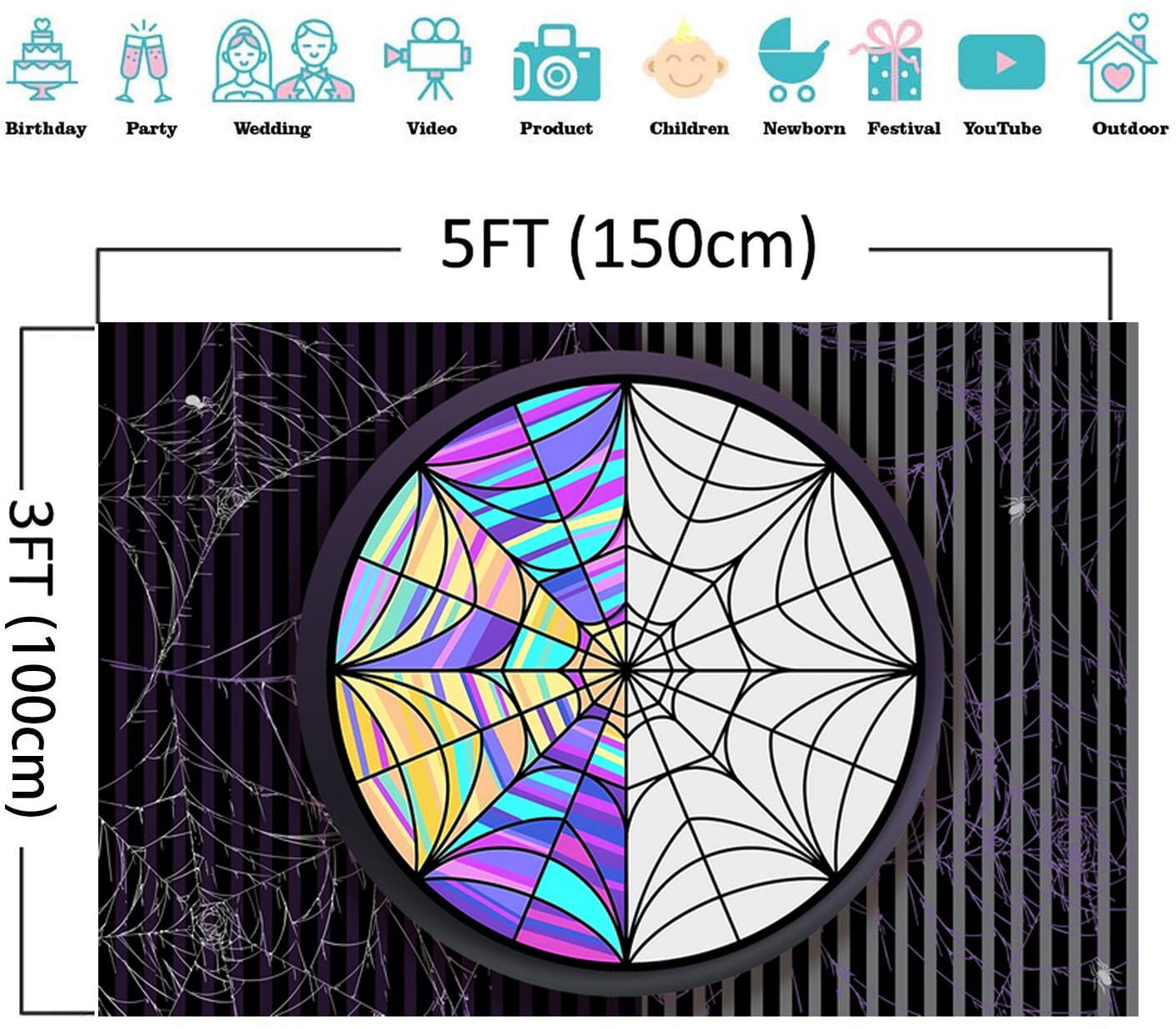 MECOLO Fabric Spider Web Window Gothic Backdrop Wednesday Horror Theme Birthday Photography Background Kids Party Decorations Black White Stripe Photo Banner Props