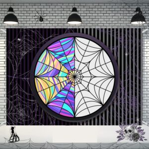 MECOLO Fabric Spider Web Window Gothic Backdrop Wednesday Horror Theme Birthday Photography Background Kids Party Decorations Black White Stripe Photo Banner Props