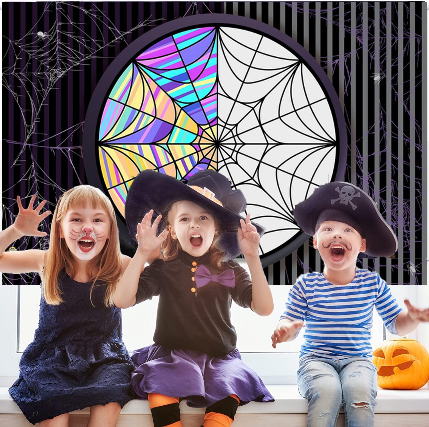 MECOLO Fabric Spider Web Window Gothic Backdrop Wednesday Horror Theme Birthday Photography Background Kids Party Decorations Black White Stripe Photo Banner Props