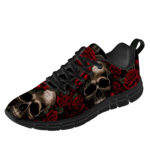 Skull Shoes for Women Men Running Walking Tennis Sneakers Red Rose Flower Vintage Retro Skull Shoes Gifts for Her Him,Size 6 Men/8 Women Black