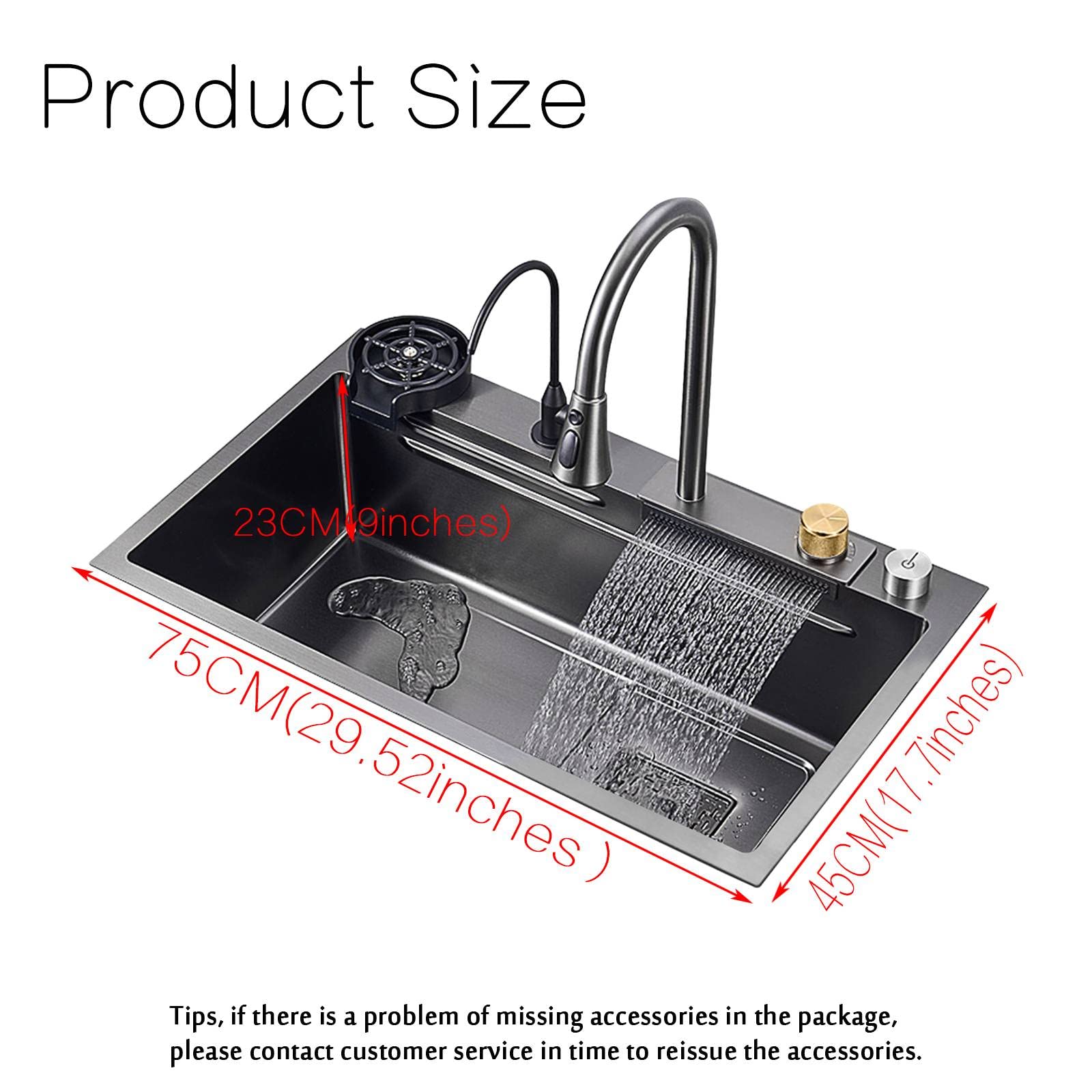 BIGYOUZI 30''Waterfall Kitchen Sink Black 304 Stainless Steel Waterfall Pull-Faucet Single Bowl Bar sinks Family Kitchen Sink with Full set Accessories (29.52''x17.7'')