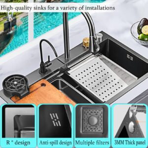 BIGYOUZI 30''Waterfall Kitchen Sink Black 304 Stainless Steel Waterfall Pull-Faucet Single Bowl Bar sinks Family Kitchen Sink with Full set Accessories (29.52''x17.7'')