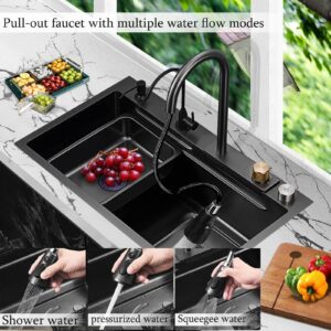 BIGYOUZI 30''Waterfall Kitchen Sink Black 304 Stainless Steel Waterfall Pull-Faucet Single Bowl Bar sinks Family Kitchen Sink with Full set Accessories (29.52''x17.7'')