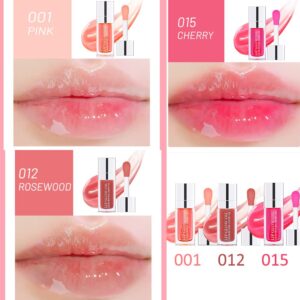 3Pcs Plumping Lip Oil, Hydrating Lip Gloss Tinted Lip Balm Lip Care Transparent Toot Lip Oil, Long Lasting Nourishing Lip Glow Oil Non-sticky Glitter Shine Primer Lip Tint (Pink+Rosewood +Cherry Red)