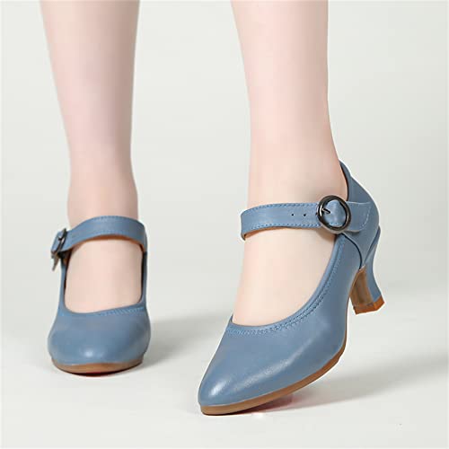 ZHENSI Women's Ankle Strap Dance Shoes Ballroom Latin Salsa Dress Pumps Aldult Character Shoes,Blue,9