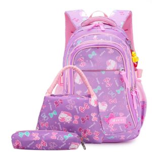 yjmkoi 3pcs cat print backpack for girls 3 in 1 cute bow print primary schoolbag sets middle girl bookbag with lunch box