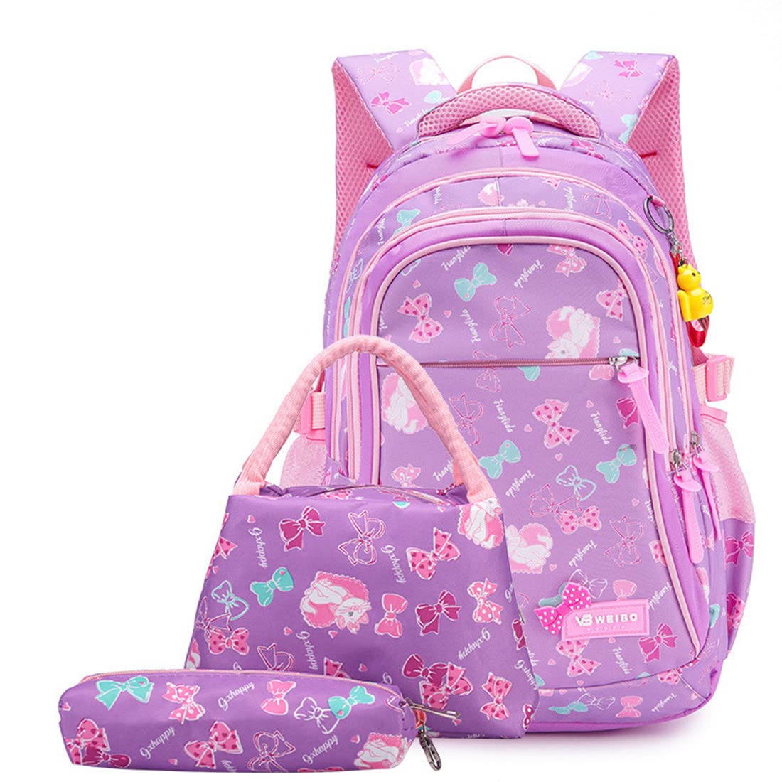 YJMKOI 3PCS Cat print Backpack for Girls 3 in 1 Cute bow print Primary Schoolbag Sets Middle Girl Bookbag with Lunch Box
