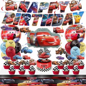 cars birthday party supplies include banner, hanging swirls, balloons, table cover, cake topper for cars party decorations