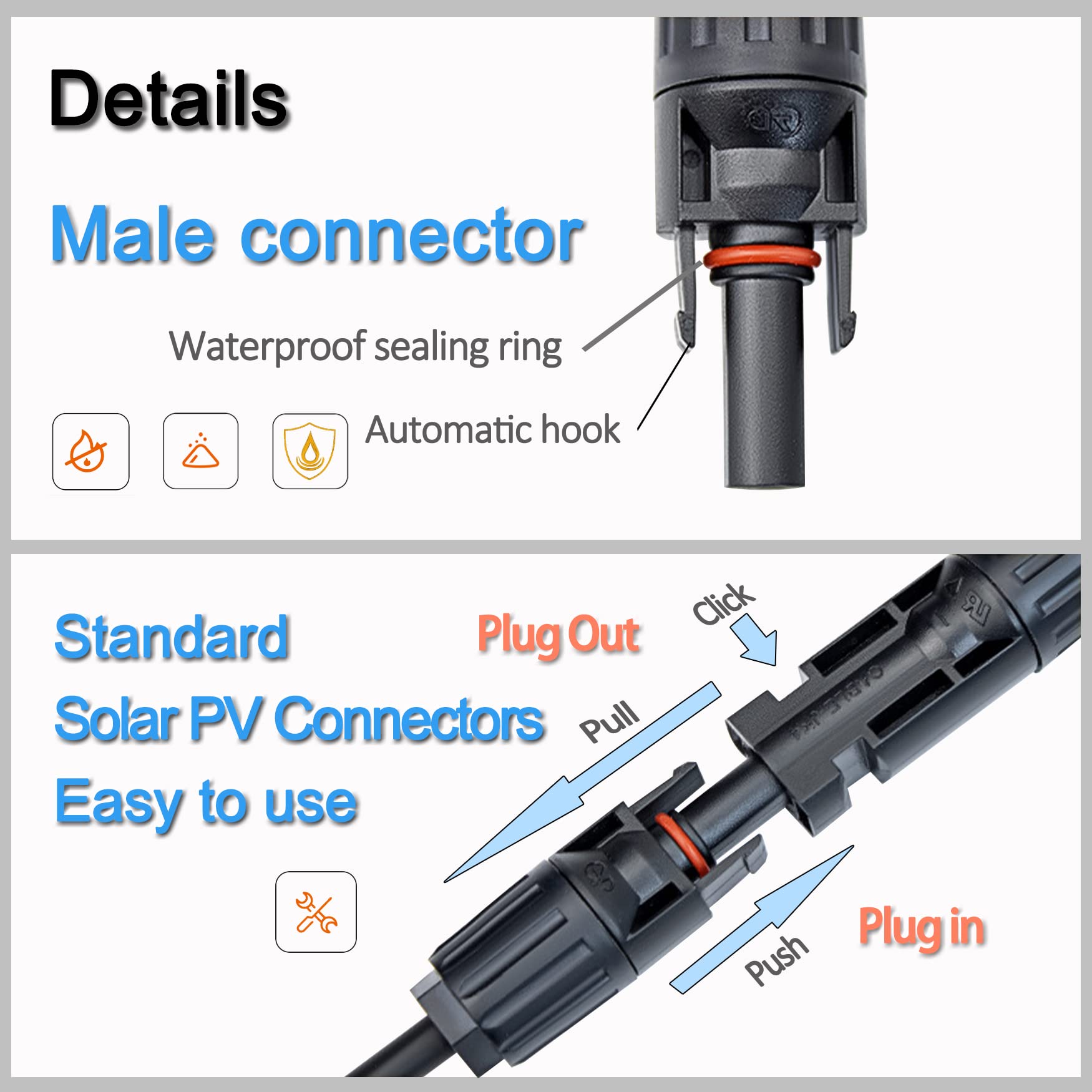 AAKL Solar Extension Cable Y Branch Solar PV Connector Parallel Adapter Cable Wire Plug Tool Kit Female Male for Home Rooftop RV Solar PV Panel Extend (1 Pair F/MMMM & M/FFFF)