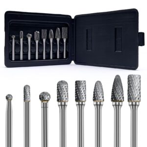 carbide burr set, 1/4" shank die grinder bits, tungsten rotary tool bits double cut rasp files for metal weld wood stone concrete grinding deburring trimming polishing cutting, 8-pc in sturdy case