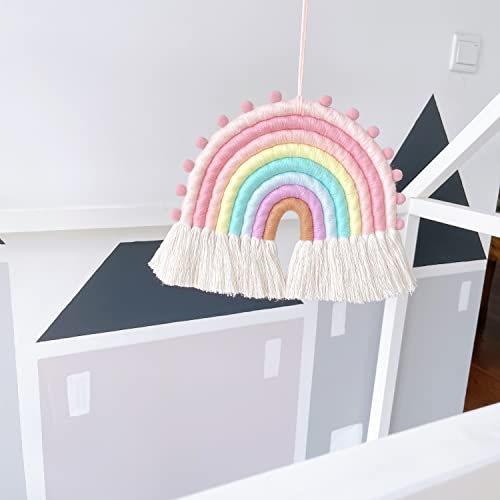 Large Macrame Rainbow Wall Hanging Decor Pom Pom Garland Rainbow Decor for Kids Room Girls Bedroom Baby Shower Nursery Decorations