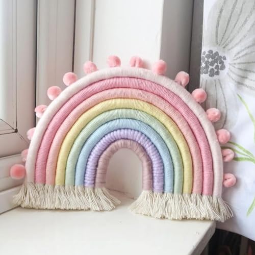 Large Macrame Rainbow Wall Hanging Decor Pom Pom Garland Rainbow Decor for Kids Room Girls Bedroom Baby Shower Nursery Decorations