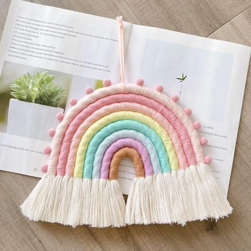 Large Macrame Rainbow Wall Hanging Decor Pom Pom Garland Rainbow Decor for Kids Room Girls Bedroom Baby Shower Nursery Decorations