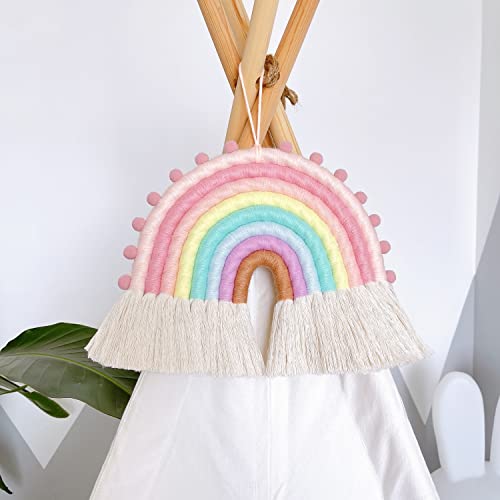 Large Macrame Rainbow Wall Hanging Decor Pom Pom Garland Rainbow Decor for Kids Room Girls Bedroom Baby Shower Nursery Decorations