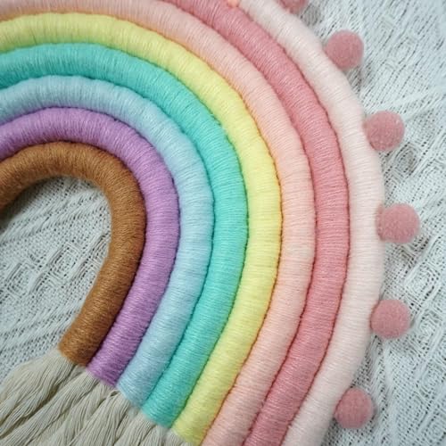 Large Macrame Rainbow Wall Hanging Decor Pom Pom Garland Rainbow Decor for Kids Room Girls Bedroom Baby Shower Nursery Decorations