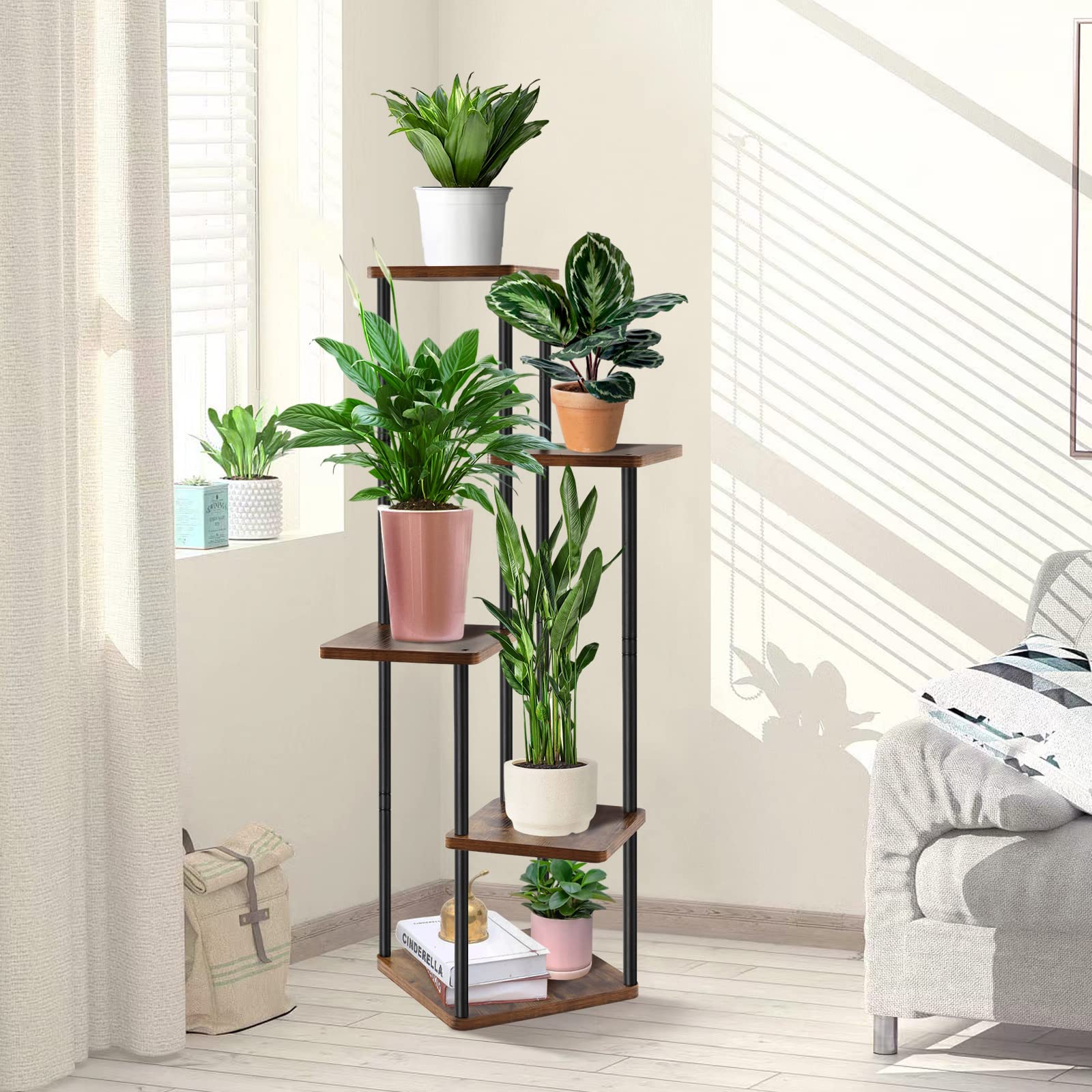 GEEBOBO Plant Stand Indoor, 4 Tier Plant Stands For Indoor Plants Multiple, Tiered Flower Shelf Plants Holder Display Rack Shelving for Patio Garden Balcony Bedroom Living Room, Brown