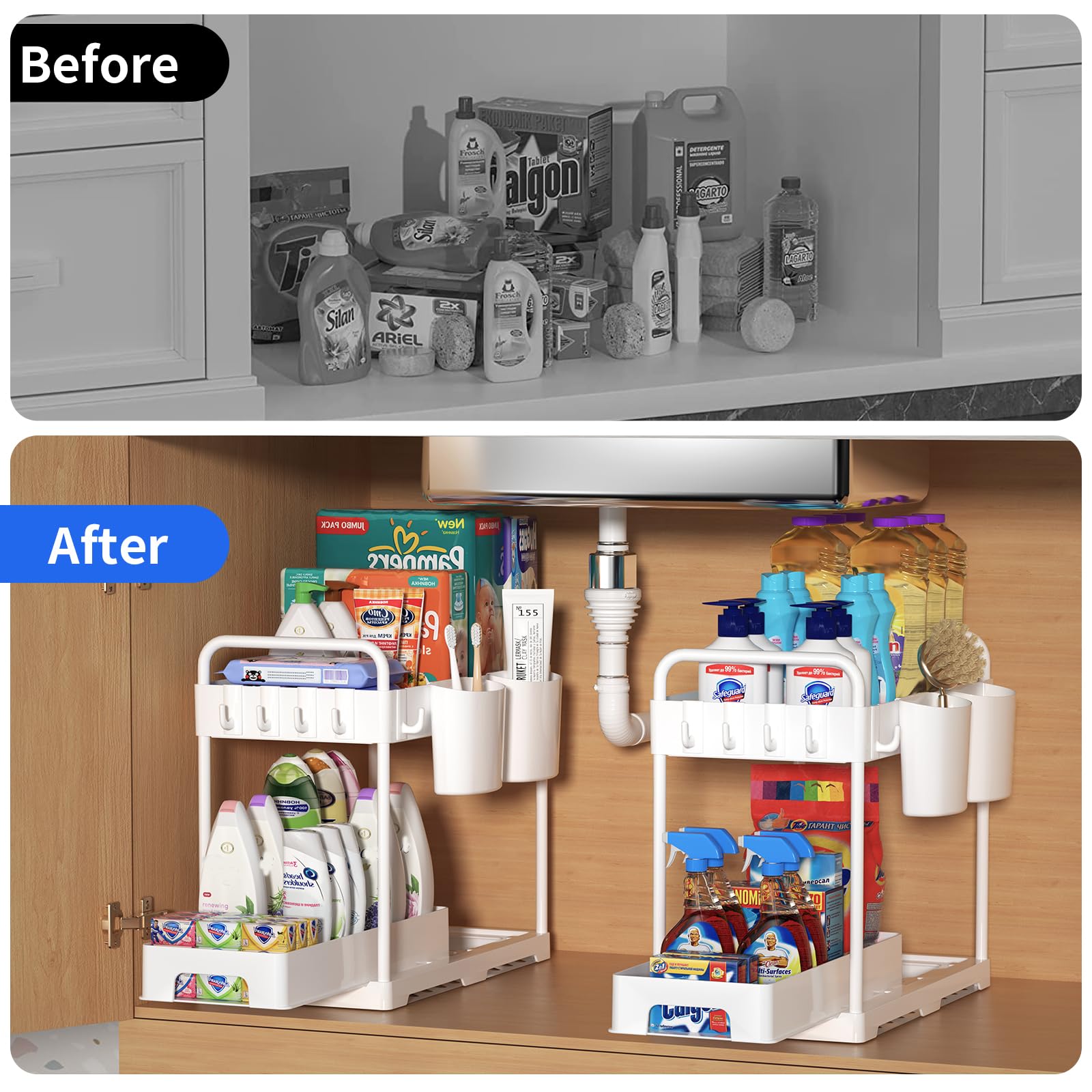 USFU Under Sink Organizers and Storage for Kitchen and Bathroom 2nd Floor Large Size Cabinet Cleaning Supplies Organizer Shelf,Sliding Drawer,White(2Pack)