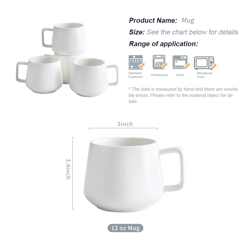 White Classic simple modern mugs Solid Matte Coffee cups matte white capacity 12 oz durable Set of 4