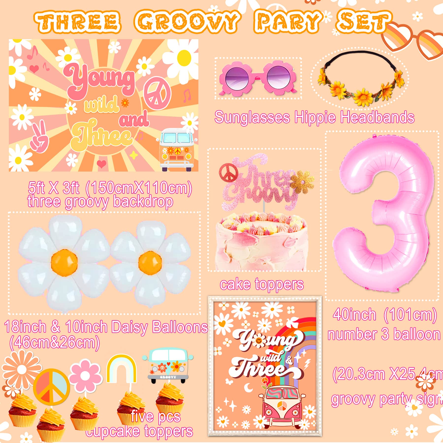 Young Wild and Three Decorations Girl, Three Groovy Birthday Party Decorations,Balloons, Backdrop Cake Topper, Sunglasses for Groovy Birthday Party Decorations, Hippie 3rd Birthday Party Decorations