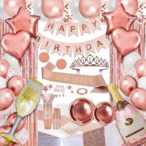 rubfac 248pcs rose gold birthday party decorations kit for women girls, happy birthday banners, balloons, tablecloth, table runner, sash, tiara, plates, cups, napkins straws party supplies